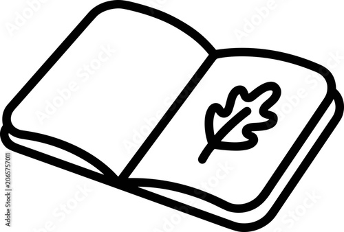 Open book with oak leaf drawing, educational concept, simple line art illustration