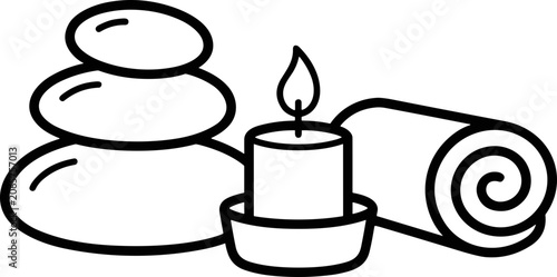 Zen Spa Stones, Burning Candle, and Rolled Towel Icon - Relaxation and Wellness
