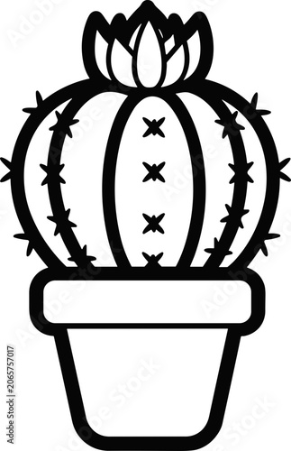 Minimalist Cactus Plant in Pot Icon, Simple Line Art Illustration