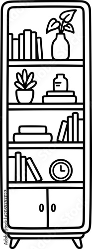 Doodle Style Bookshelf with Plants, Books, and Clock Icon