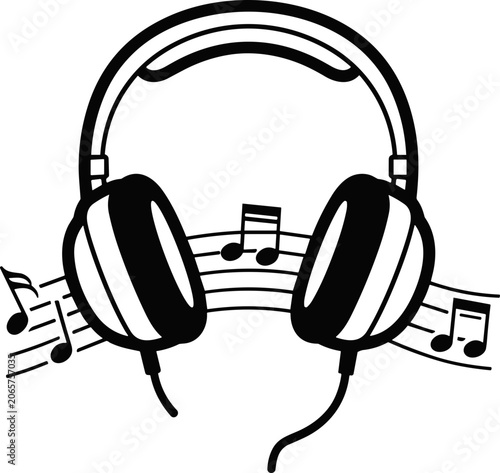 Headphones with musical notes and staff lines illustration