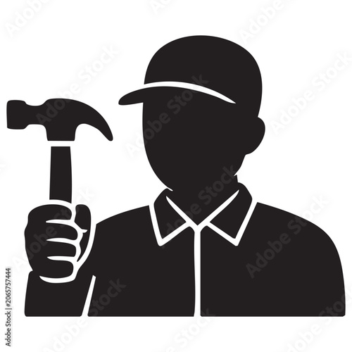 Black silhouette of a man holding a hammer isolated on white background, Vector, illustration