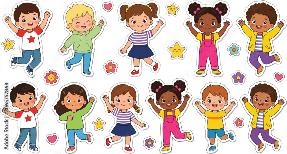 Fototapeta premium Cute Diverse Children Jumping and Playing Cartoon Sticker Collection with Happy Kids Characters Isolated on White Background