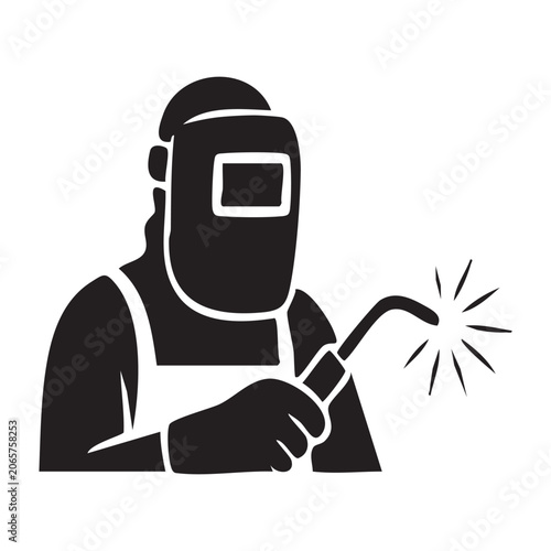 Black silhouette of welder with welding torch isolated on white background, Vector, illustration