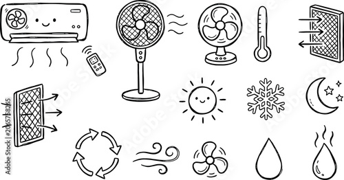 Quadro em tela Cooling and air conditioning doodle icons collection with fans and temperature s