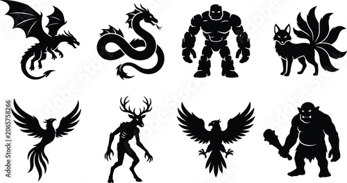 Vászonkép Fantasy Mythical Creatures Silhouette Collection Featuring Dragons Phoenix and L