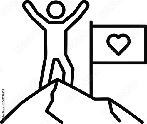 Foto Person celebrating on mountain peak with love heart flag of achievement