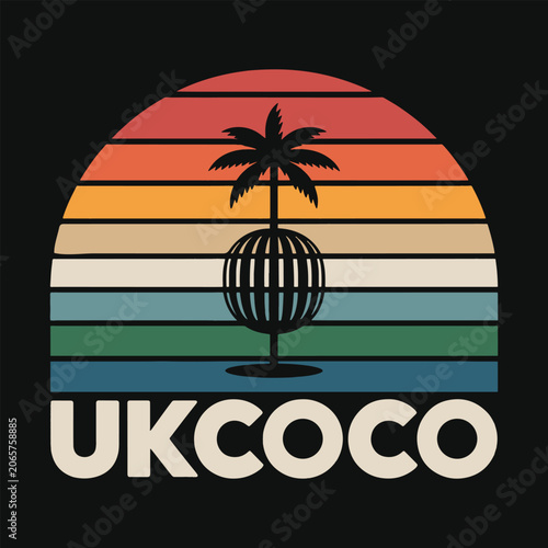 Vintage UKCOCO retro sunset t-shirt design featuring a palm tree aesthetic for summer beach themed apparel prints