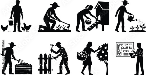Bild auf Leinwand Backyard Farming Black Silhouette Icon Set Featuring Chicken Care, Gardening