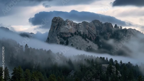 Iconic Mount Rushmore monument features presidential faces in Black Hills, South Dakota, shrouded in misty fog at dramatic sunrise.