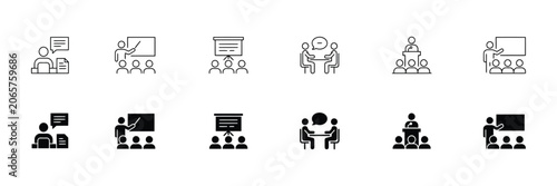 Photos presentation ui icons speaker podium board and audience