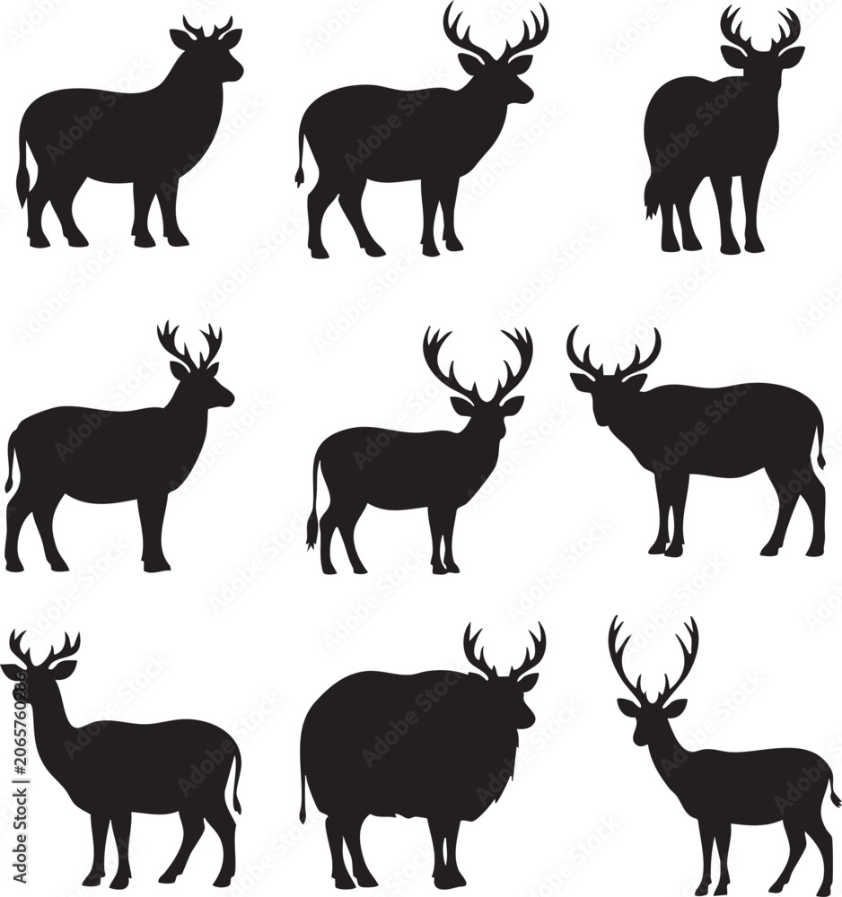 Obraz premium Group of deer and buck silhouettes in multiple standing and side poses with silhouette wildlife collection isolated creature illustration