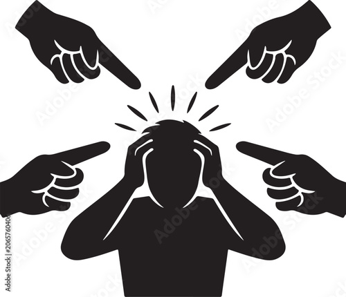 Photography Conflict and blame silhouette with pointing hands, symbolizing accusation, tension and social dispute