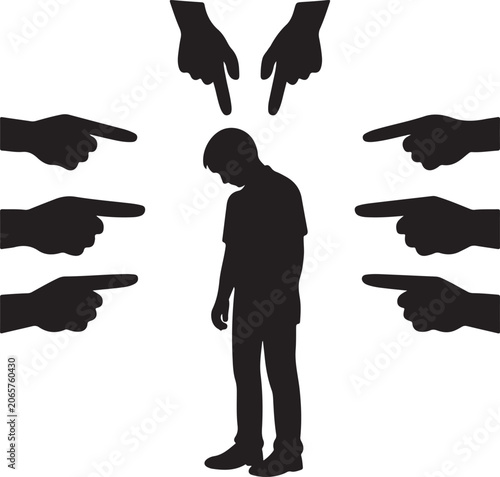 Foto Attention silhouette with accusing hands and lone figure, symbolizing social pressure and judgment