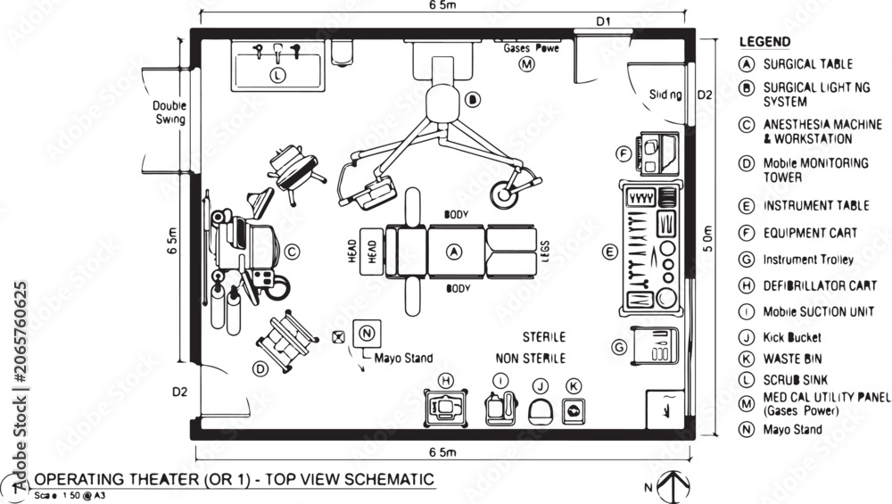 Naklejka premium Operating theater top view schematic floor plan with medical equipment layout and legend in vector line art