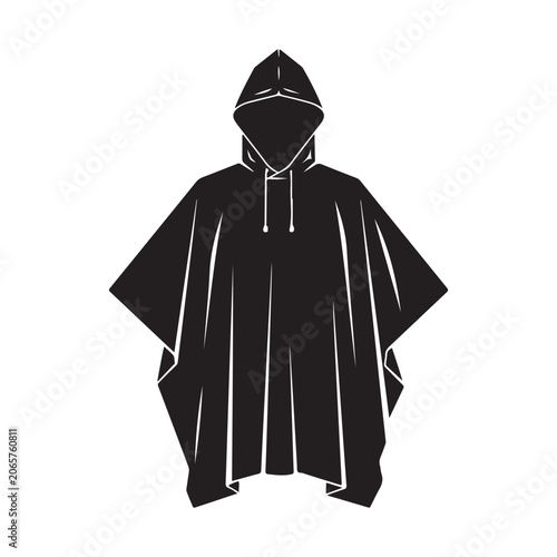Black hooded poncho vector illustration for rain protection and outdoor apparel design