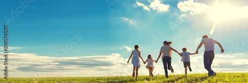 Happy family running together in a green field on a sunny day with blue sky