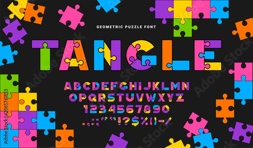 Cuadro en lienzo Creative colorful geometric puzzle font letters and numbers arranged in playful