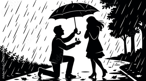 Foto Silhouette of a couple during a proposal in the rain with an umbrella and trees