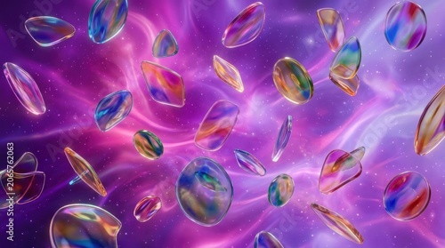 Vibrant colorful bubbles float in air against purple background with swirling lights