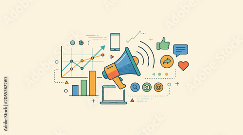 Digital Marketing Strategy with Megaphone and Social Media Icons