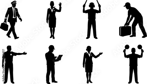 Schilderij op canvas Aviation airport staff and airline crew silhouette vector set including pilot fl