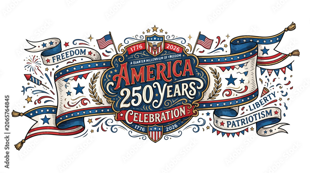 Fototapeta premium Graphic design celebrating America's 250 years with patriotic ribbons and flags on a white background.