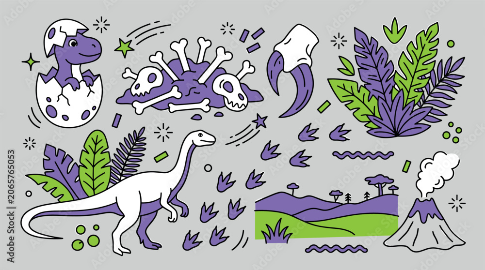 Fototapeta premium Prehistoric life and dinosaur concept icons with skeleton, dinosaur and volcano for infographic design in colorful outline style
