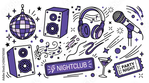 Music and party vector icons with disco ball, microphone and headphones for event marketing in colorful illustration