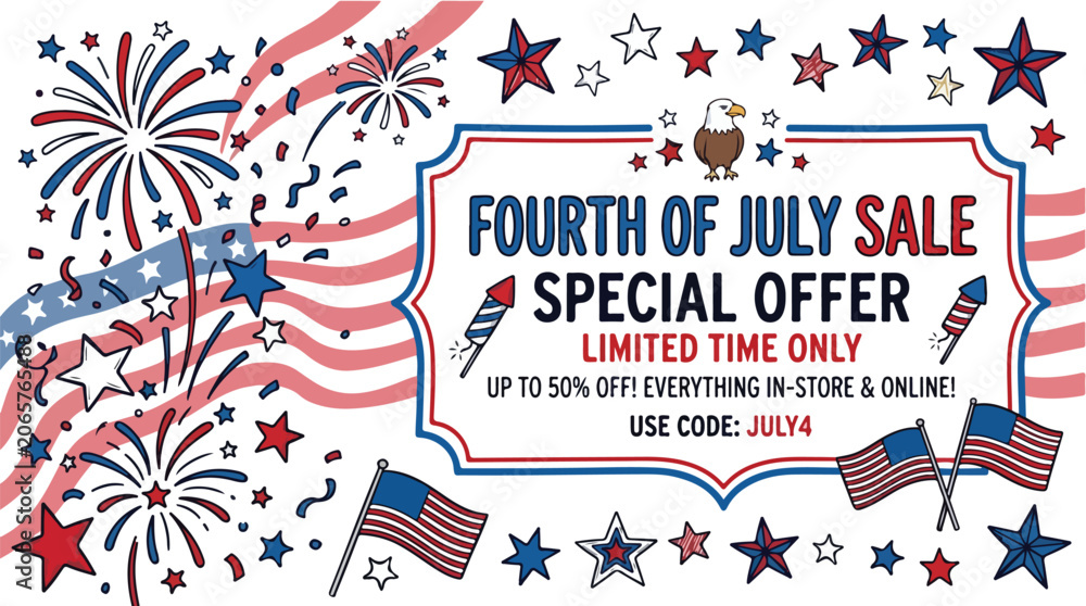 Obraz premium Graphic design of a Fourth of July sale advertisement with fireworks, American flags, and a special offer in a patriotic color scheme on a white background.