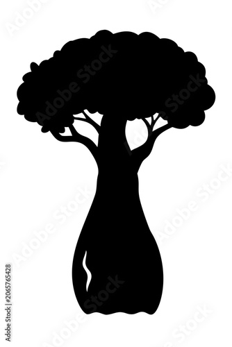 Solid black silhouette of a mature baobab tree with a massive, swollen trunk and a sparse crown of short, twisted branches