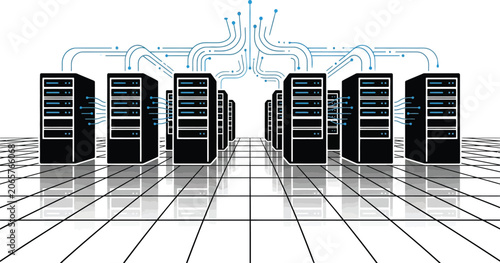 Quadro su tela Server racks connected with digital network lines in a clean modern data center