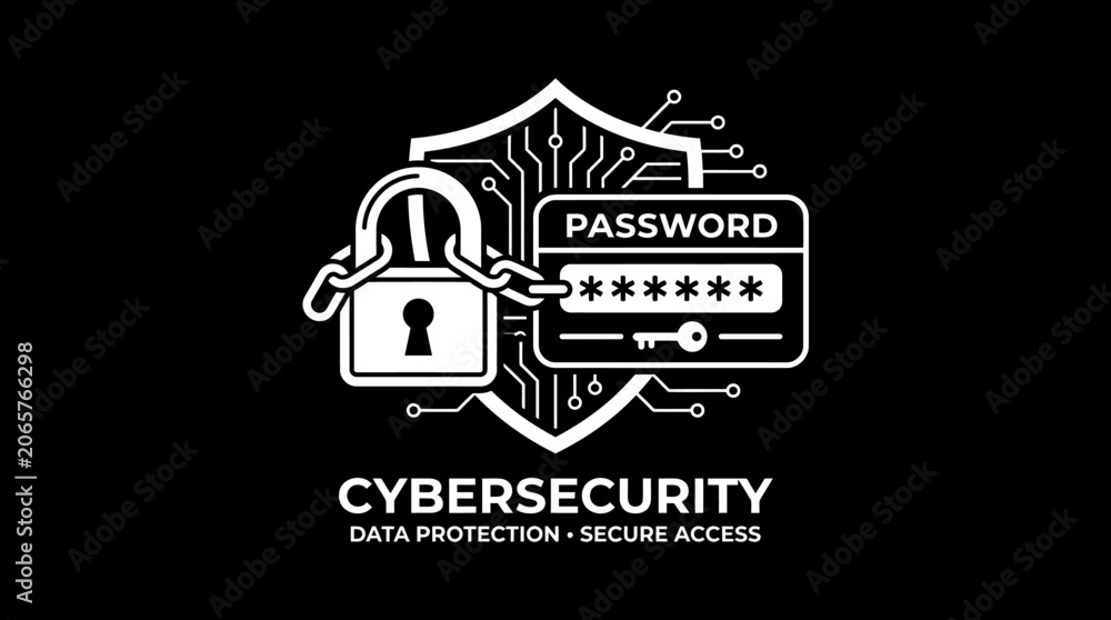 Fototapeta premium Cybersecurity concept with lock, shield, and password protection on a digital circuit background for secure data access.