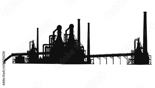 Solid black silhouette of a large industrial steel mill with blast furnaces, smokestacks, and a complex network of elevated pipes and conveyor systems.