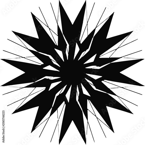 Modern geometric black silhouette of a complex radial burst pattern with overlapping triangular shards and angular diamond cuts