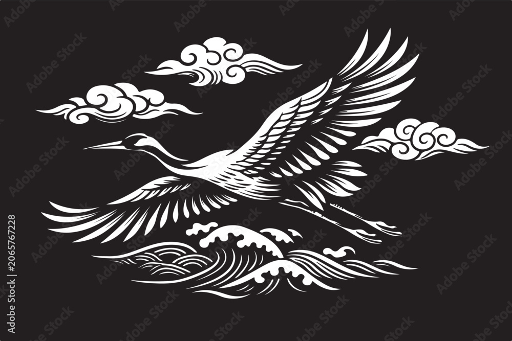 Fototapeta premium Japanese Crane Flying Over Sea Waves 
