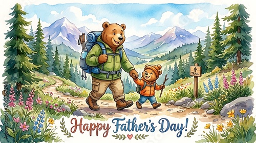 Bear father and cub hiking on a mountain trail on Father's Day