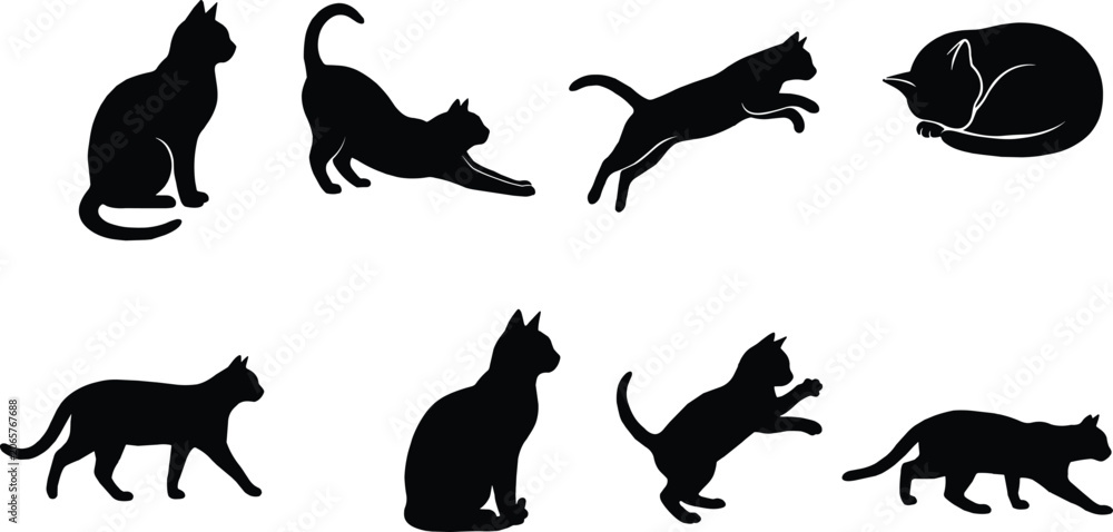 Fototapeta premium Black cat silhouettes vector set featuring felines sitting, stretching lazily, jumping in mid-air, sleeping curled up, stalking, walking, 