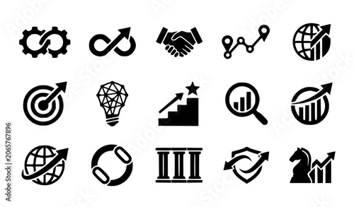 Modern abstract business symbol vector clipart set with minimalist clean outline corporate strategy and finance graphics black and white