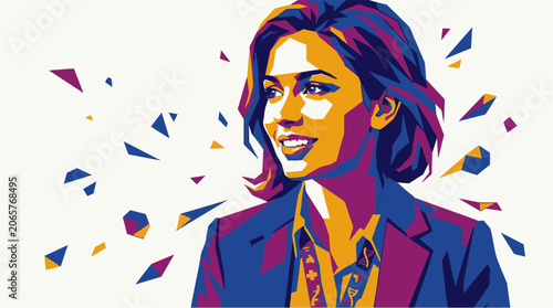 Foto Businesswoman Smiling in Colorful Illustration.