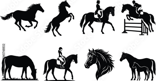 Canvastavla Black horse vector silhouettes set featuring wild stallion galloping, rearing ho