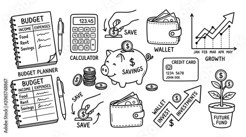 Hand-Drawn Financial Planning and Savings Doodle Set with Piggy Bank, Wallet, Budget Planner, Calculator, and Growth Chart Icons