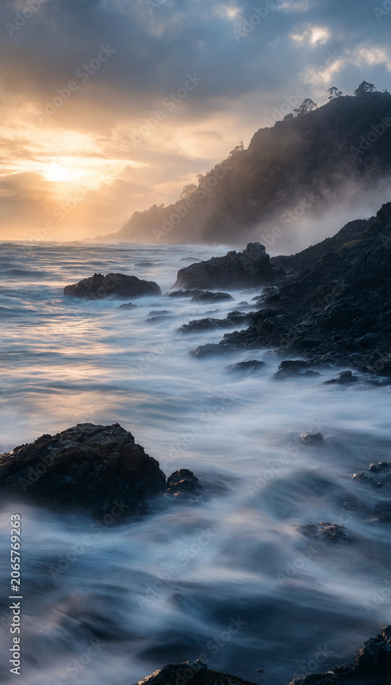 Fototapeta premium Ocean waves crashing against rocky shoreline during a golden sunset hour with shoreline landscape seascape atmosphere peaceful tranquil outdoors wilderness splashing maritime