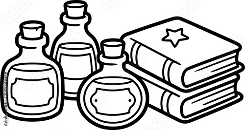 Obraz na plátně Magic potions and spellbook, illustration, fantasy, alchemy, wizardry, cartoon s