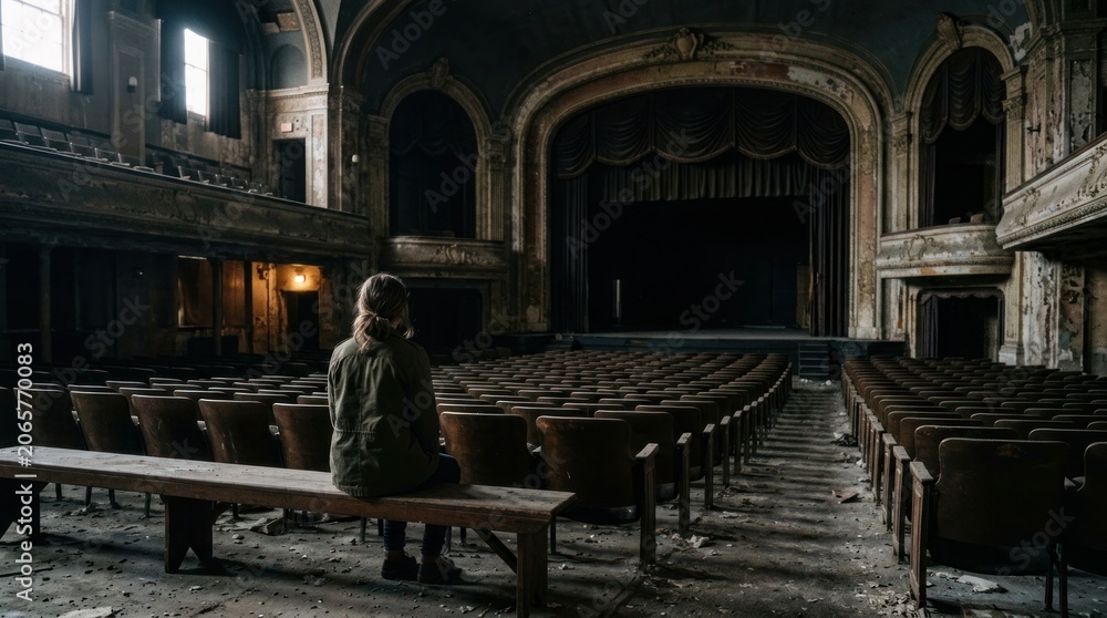 Fototapeta premium Abandoned Grand Theater Interior with Solitary Figure on Bench.
