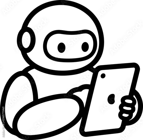 Cute robot character using a tablet, simple outline illustration, technology concept