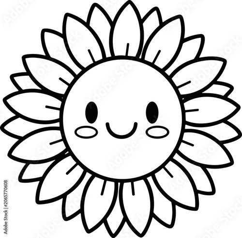 Cute cartoon sunflower with a smiling face, black and white line drawing, simple illustration