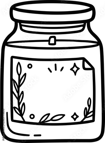 Hand-drawn jar with label, plant branch, and sparkles - doodle illustration