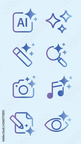Gradient blue UI icons with sparkles, element vector set