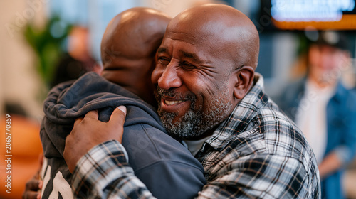 Faith-based recovery program participant receiving sobriety chip from sponsor in church fellowship hall, emotional embrace, milestone recovery community celebration healing spirituality twelve-step 